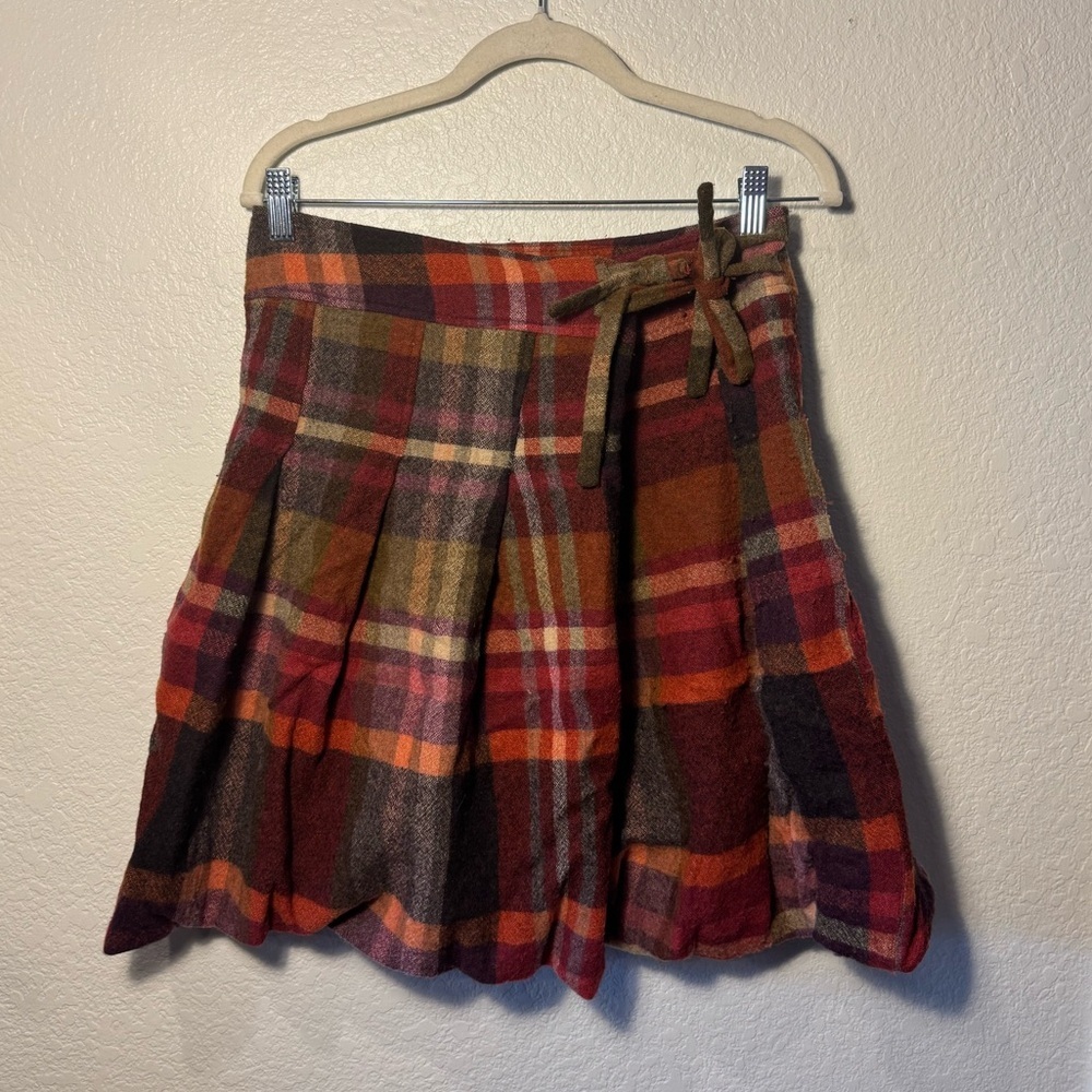 Weekend Max Mara Wool Orange & Brown Plaid Wrap Bubble Mini Skirt High Waist 8